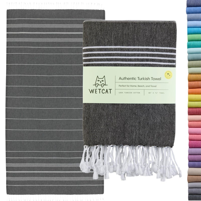 WETCAT Turkish Beach Towel Oversized (38"x71") 100% Turkish Cotton, Made in Turkey - Sand Free, Extra Large, Ultra Soft, Quick Drying, Compact & Lightweight for Travel - Black - Image 1